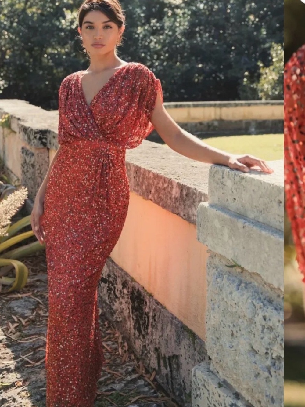 Elegant Sequin Coral V-Neck Evening Gown - Picture 5 of 5